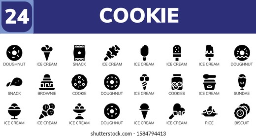 cookie icon set. 24 filled cookie icons.  Simple modern icons about  - Doughnut, Ice cream, Snack, Brownie, Cookie, Cookies, Sundae, Rice, Biscuit