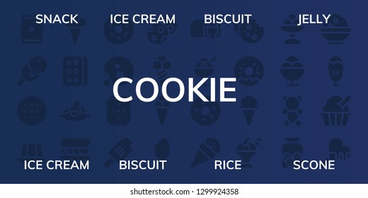  cookie icon set. 32 filled cookie icons. on blue background style Simple modern icons about  - Snack, Ice cream, Biscuit, Jelly, Rice, Scone, Doughnut, Cookie, Cookies, Snack cake