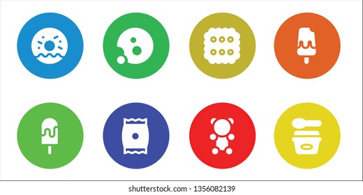 cookie icon set. 8 filled cookie icons.  Collection Of - Doughnut, Ice cream, Cookie, Snack, Biscuit, Gummy bear