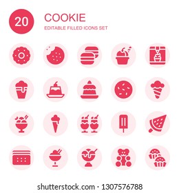 cookie icon set. Collection of 20 filled cookie icons included Biscuit, Cookie, Macaron, Ice cream, Jelly, Pudding, Gummy bear, Bonbon