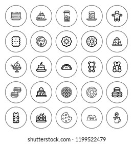 Cookie icon set. collection of 25 outline cookie icons with brownie, cookie, doughnut, cookies, dog food, jelly, gingerbread, gummy bear, macaron icons. editable icons.