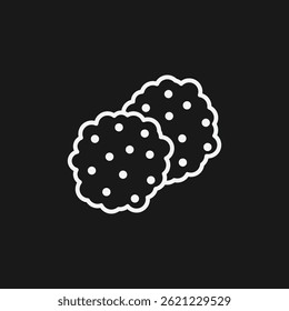Cookie Icon Two Round Objects with Polka Dots in White Outline on Black Background