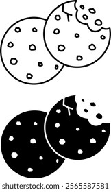 Cookie Icons. Black and White Vector Illustrations. Sweet Pastry, Bitten Cookie. Tasty Food. Fast Food Concept