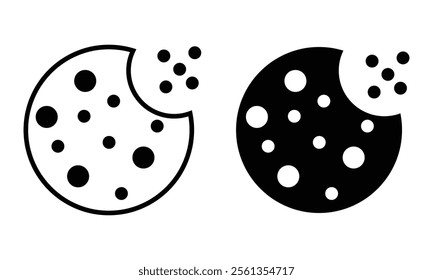 Cookie icons. Cookie concept vector icons set. Outline style and black filled symbol cookie icon, vector isolated on white background. Vector illustration.	