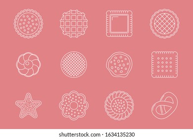 Cookie Icons set - Vector outline symbols of sweet dessert for the site or interface