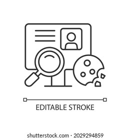 Cookie id linear icon. Internet cookies. Unique identifier. User experience on websites. Thin line customizable illustration. Contour symbol. Vector isolated outline drawing. Editable stroke