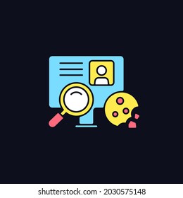 Cookie id RGB color icon for dark theme. Internet cookies. Unique identifier. User experience on websites. Isolated vector illustration on night mode background. Simple filled line drawing on black