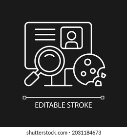 Cookie id white linear icon for dark theme. Internet cookies. User experience on websites. Thin line customizable illustration. Isolated vector contour symbol for night mode. Editable stroke