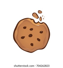 cookie illustration with bite and chocolate pieces, symbol design, isolated on white background.