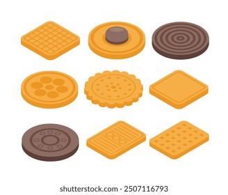 Iconos de vectores isométricos de galletas. Biscuit aislado 3d diseño de dibujos animados