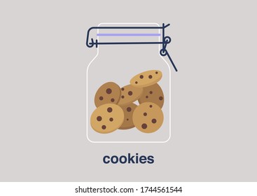 A cookie jar, homemade desset, chocolate chip cookies