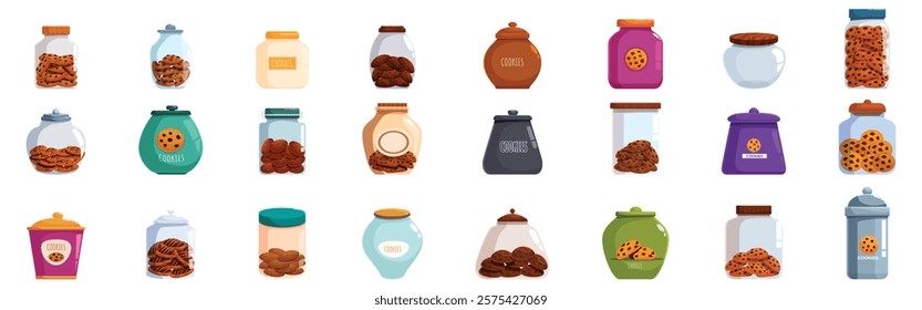 Cookie jar icons set. Different types of cookies are stored in glass jars and ceramic containers, showcasing a variety of treats