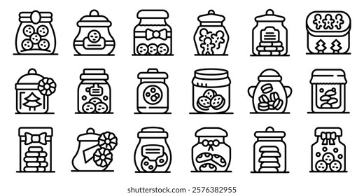 Cookie jar icons set. Jars are filled with delicious cookies, gingerbread men, and holiday sweets, creating a festive atmosphere perfect for christmas celebrations