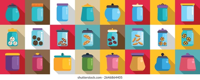  Cookie jar icons set. Various colorful cookie jars storing different types of cookies, showcasing diverse shapes, sizes, and designs for preserving freshness