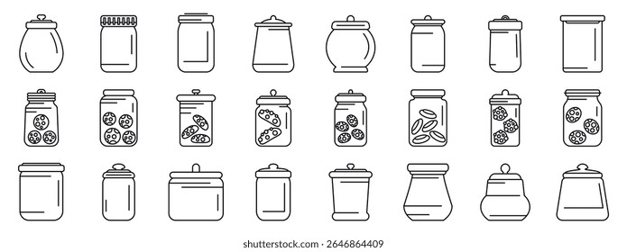  Cookie jar icons set. Various cookie jars are depicted, showcasing different shapes and sizes, some containing cookies and others empty, emphasizing food storage and freshness