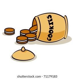 Cookie jar laying on it's side with cookies spilling out.