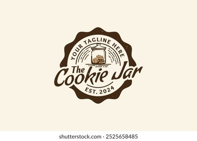 cookie jar logo with a jar filled with cookies, in emblem shape and vintage style, for cookie shop, bakery, snack, cafe, etc.