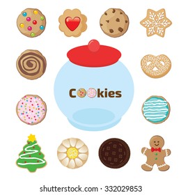 Cookie jar surrounded by cookies.