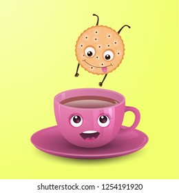 Cookie jumps into a cup of tea (coffee). Funny characters. Vector illustration.