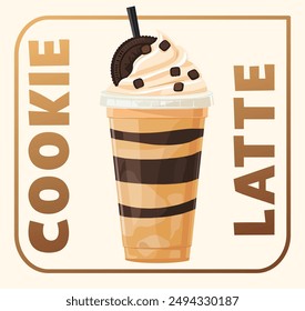 Cookie Latte en un Vector de taza de plástico transparente. Cubierto con crema batida, chips de chocolate, y una ilustración de comida de galletas desmenuzadas, sensación de indulgencia y refresco dulce.