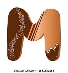 Cookie letter M, Alphabet with ornaments. Cute letters decorative with chocolate. Illustration letter of alphabet