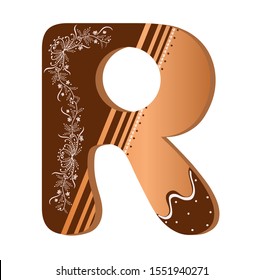 Cookie letter R, Alphabet with ornaments. Cute letters decorative with chocolate. Illustration letter of alphabet