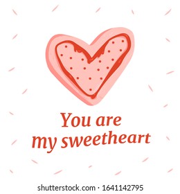 Cookie love postcard, Valentine's Day greeting card with a declaration of love. Elements with cookie and hearts for textile, book, postcard, stickers. Vector illustration