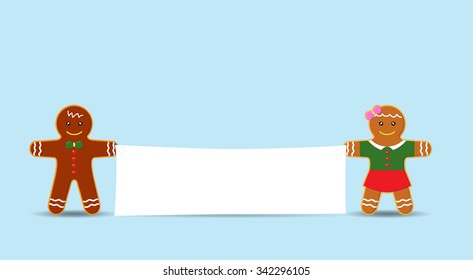 Cookie Man and Girl holding Blank Banner. Vector Cartoon for Christmas and New Year Advertising