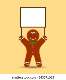 Cookie Man holding Blank Banner or Sign. Vector Cartoon for Christmas and New Year Advertising