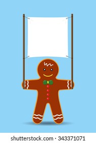 Cookie Man holding Blank Banner or Sign. Vector Cartoon for Christmas and New Year Advertising