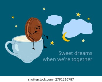 Cookie with milk before sleep. Cute cookie character sitting on rim of cup full of milk. Cozy bedtime ritual. Vector illustration for kids bedtime story book, cozy cafe menu, sleep hygiene blog