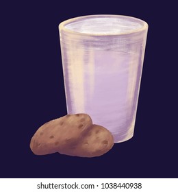 Cookie and milk hand drawn illustration. Healthy drink and tasty breakfast