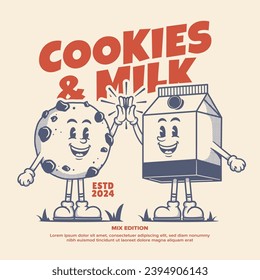 Cookie and milk mascot character, cartoon retro mascot