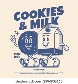 Cookie and milk mascot character, cartoon retro mascot