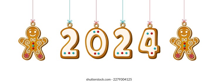 Cookie numerals hanging in phrase 2024 in cartoon style. Sweet biscuit in shape of christmas gingerbread man in new year message isolated on white background. Cute number Vector illustration