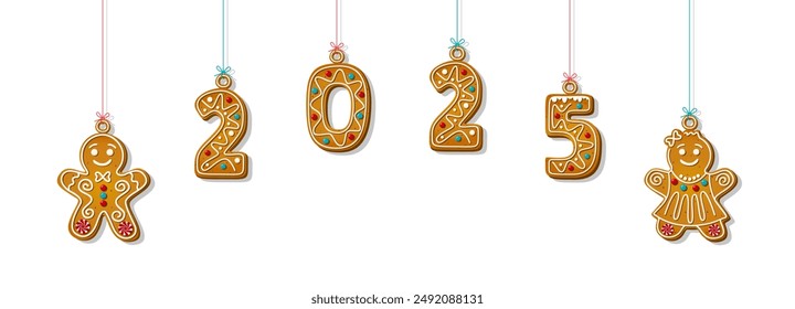 Cookie numerals hanging in phrase 2025 in cartoon style. Sweet biscuit in shape of christmas gingerbread man and woman in new year message isolated on white background. Cute Vector illustration