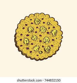 Cookie with nuts and raisins, hand drawn doodle, simple sketch in pop art style, vector color illustration