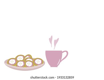 Cookie on plate with a cup of tea. Isolate on white background.copy pace,for your text.