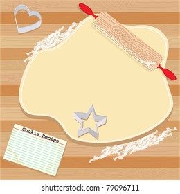 Cookie Party Invitation With Dough, Rolling Pin, Cookie Cutters And Recipe Card, On Wooden Board