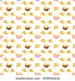 Cookie pattern with chocolate and icing. Chinese fortune cookies. Vector illustration isolated on white background. For use in wrapping paper, fabric, scrapbooking and decoration, for brochures