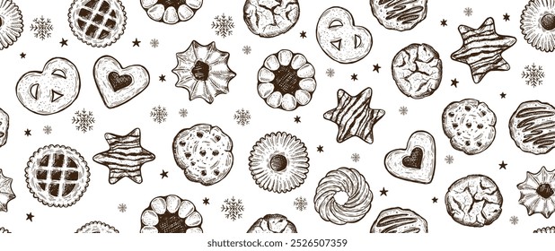 Cookie pattern on white, hand drawn illustration.	