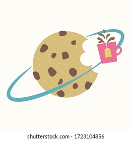 Caricatura de ilustraciones vectoriales del planeta Cookie. Caricatura en pastel vectorial de café y galletas. Logo del icono de la galleta y el café. 