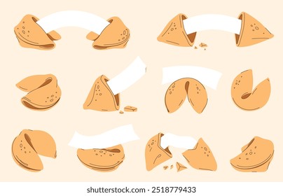 Cookie with predictions. Traditional Chinese pastries. Predictions or unexpected messages on paper strips. Vector illustration