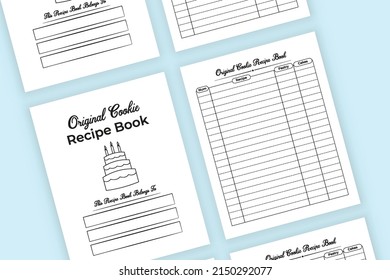 Cookie recipe log book interior. Cookie-making journal and cake recipe tracker template. Interior of a notebook. Cookie recipe information tracker and cake ingredients checker.