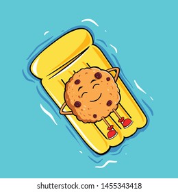 Cookie Relaxing With a Pool Float  in Hot Summer Cartoon Character Style. Vector Illustration.