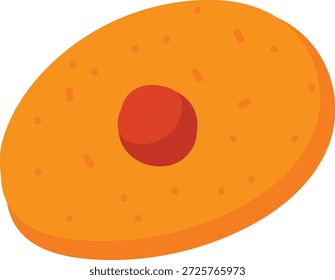 Cookie with round jam center and sprinkled crumb texture in clean cartoon look. Symbol of snack, sweetness, bakery treat, and comfort food appeal. Cartoon vector illustration.