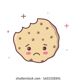 The cookie is sad because a piece of it was bitten off. Kawaii cartoon character isolated on a white background. Vector illustration.