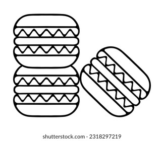 Cookie sandwich. Macarons cookies are stacked in a pyramid. Sketch. Dessert of two layers with cream in the middle. Vector illustration. Confectionery made from egg whites. Doodle style. 