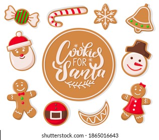 Cookie for Santa Claus candy lollipop with stripes stick vector. Snowflake and bell, gingerbread man, candy and snowman female in costume biscuits