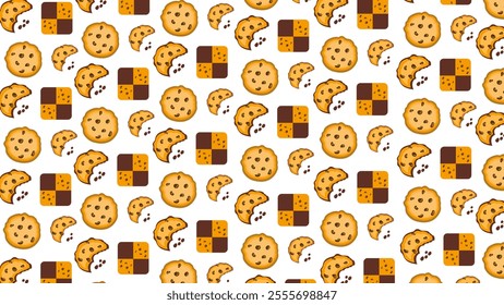 Cookie seamless pattern. Simple cute cookie flat seamless pattern. Vector seamless background with round cookies on a white background. Biscuit background vector illustration isolated in white. 